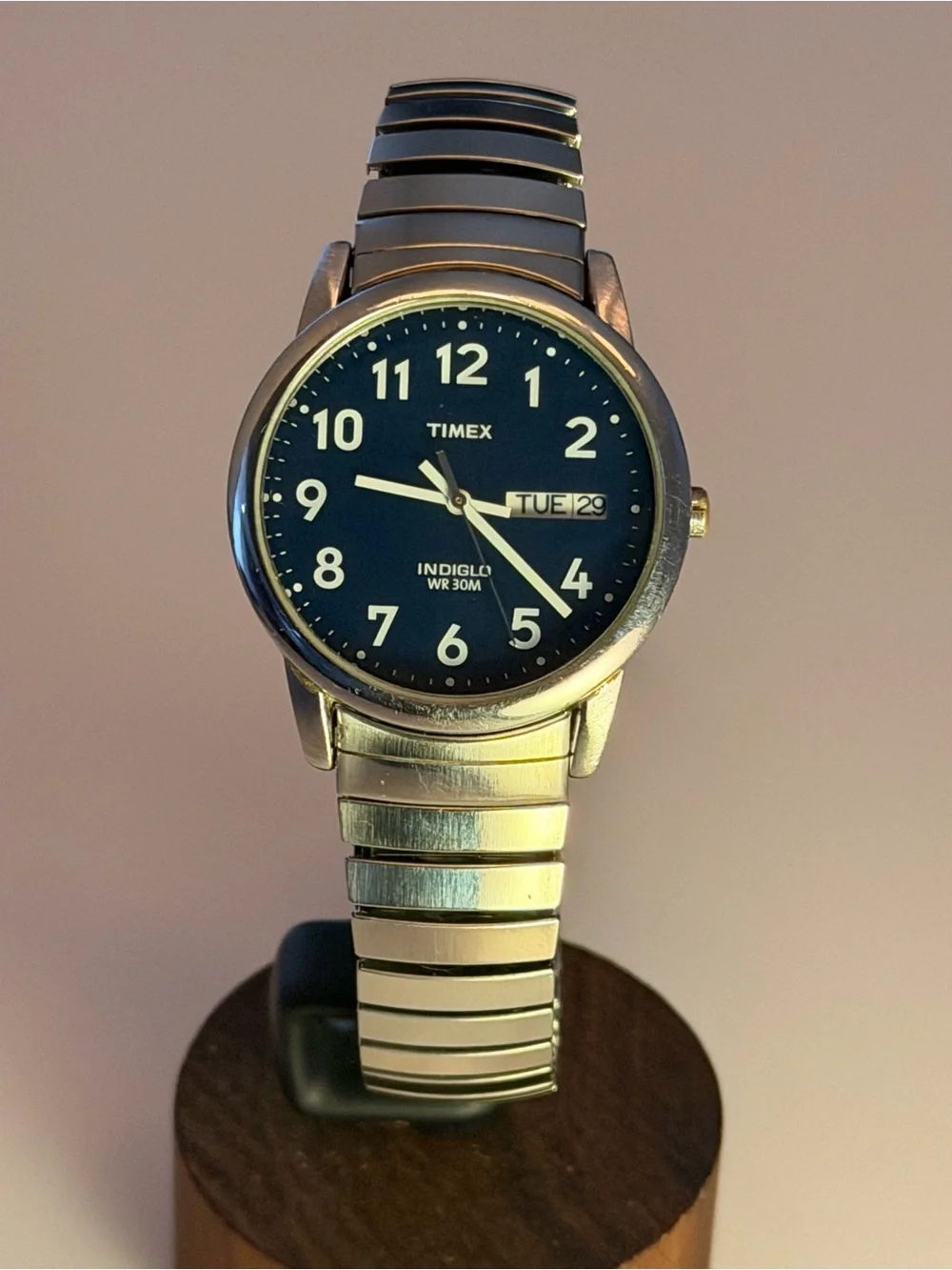 Timex Indiglo Blue Dial Day/Date Watch with Silver Expansion Band - New Battery